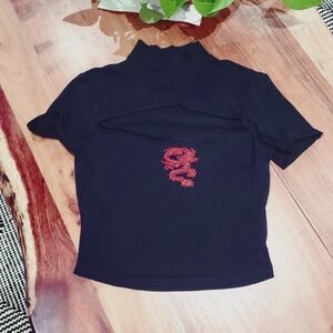 Black Cutout Mock Neck Top with Red Dragon Design